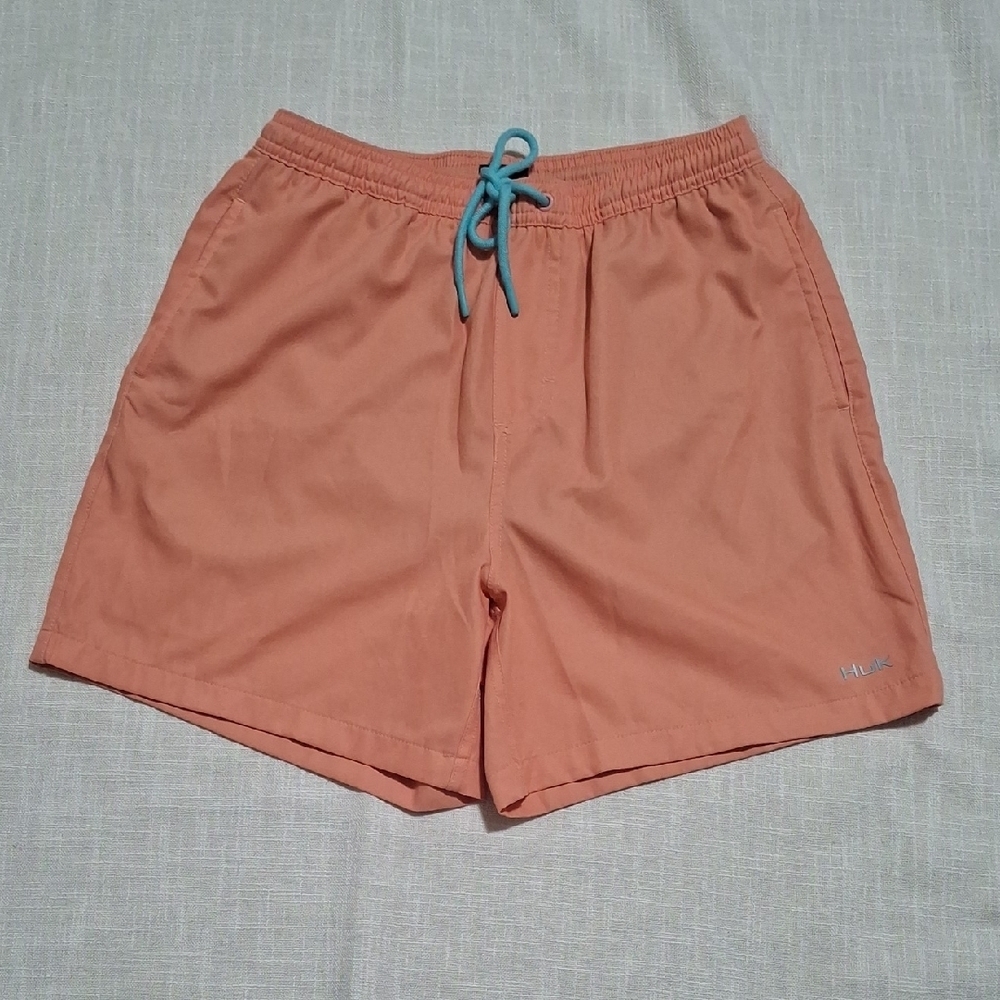 Huk Men's Coral Swim Trunks with Teal Drawstring